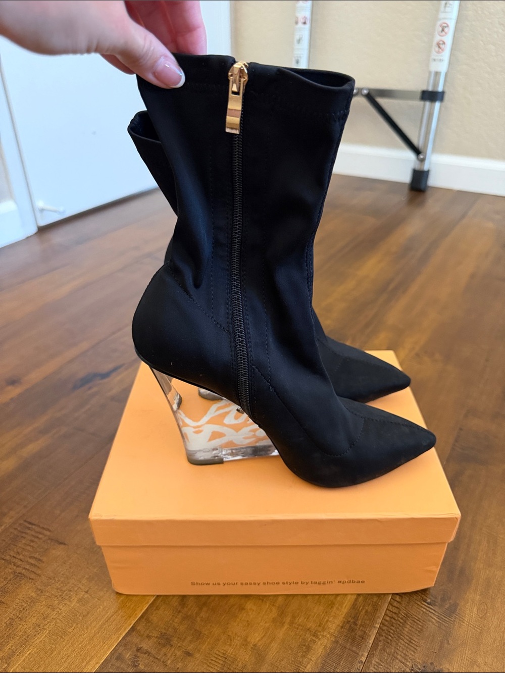 Black Pointed Toe Wedge Ankle Boots with Gold Zip